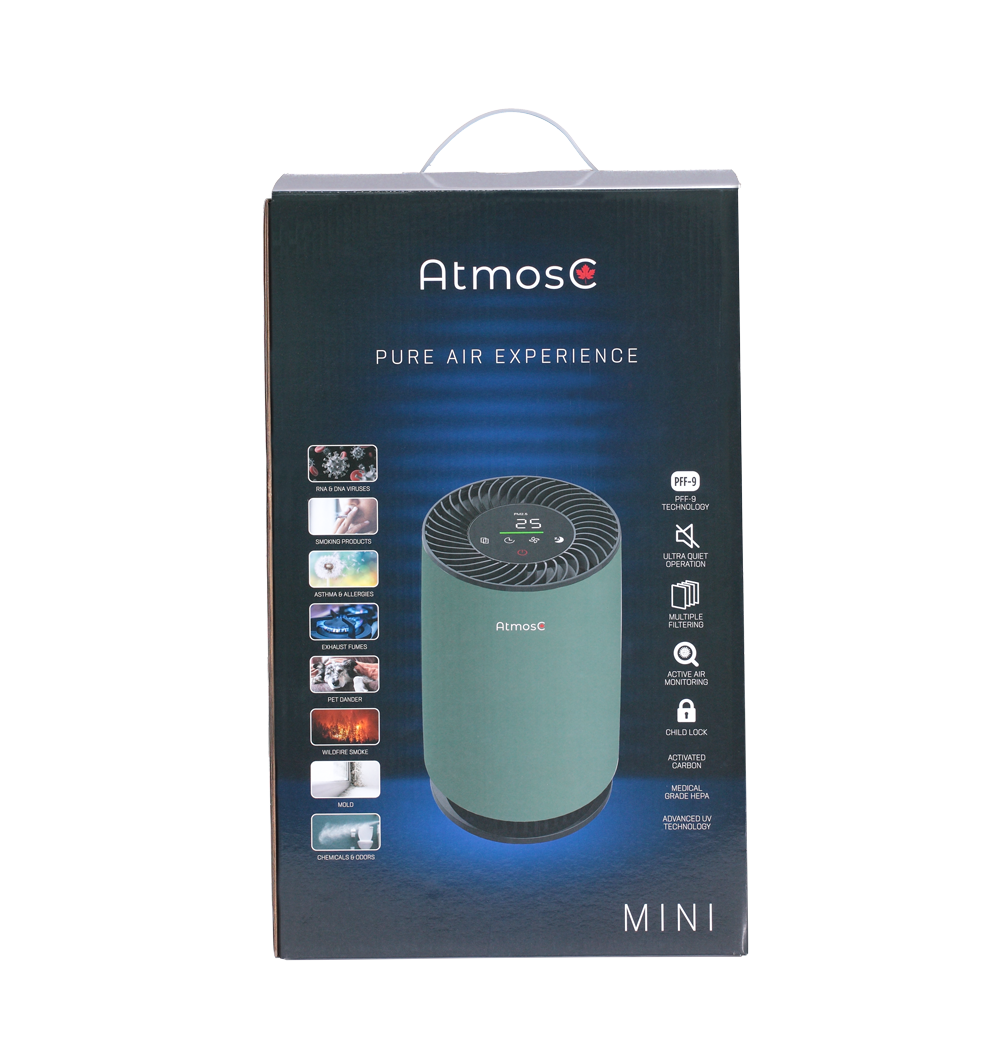The AtmosC Mini Air Purifier packaging